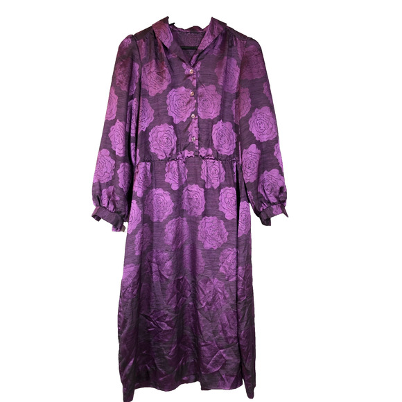 Vintage 80s Purple Floral Shirt Dress Midi Size Large Shiny Handmade Button - Picture 1 of 9